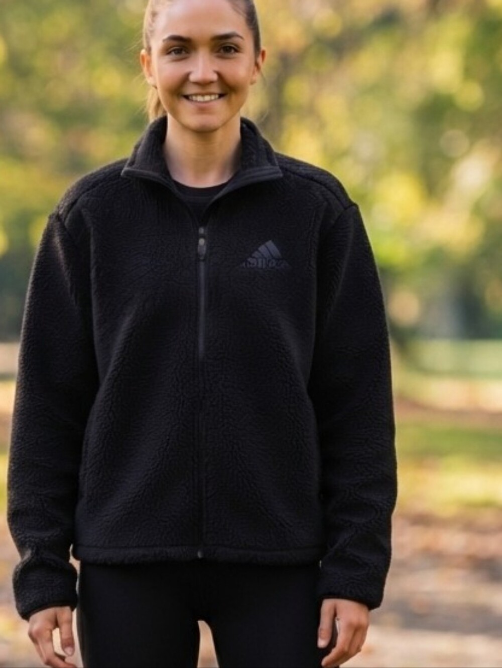 Adidas Black Sherpa Fleece Full-Zip Jacket Cozy Winter Activewear Sz L